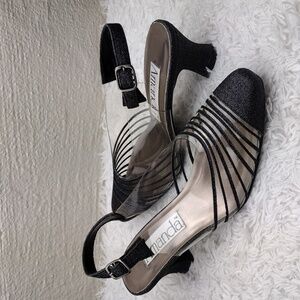 Amanda Cancun Black Glitter Closed Square Toe Kitten Heel Buckle Slingback Shoe